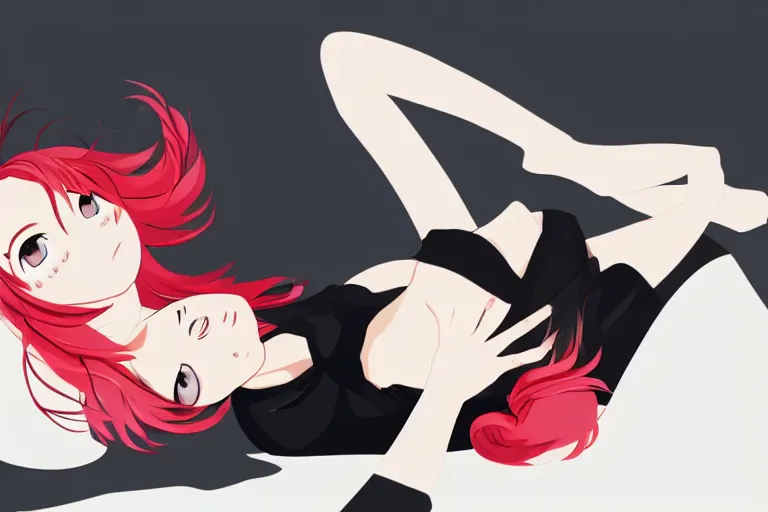 Image similar to a girl laying from left to right, wearing a black outfit with red trim, simple vector shaded anime style, simple anime digital art, 4 k