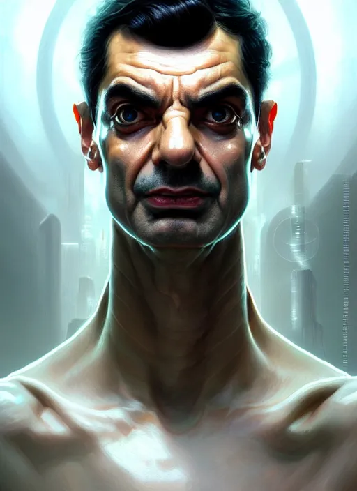 Image similar to portrait of mr bean, sci - fi, muscular! cyberpunk, intricate, elegant, highly detailed, digital painting, artstation, concept art, smooth, sharp focus, illustration, art by artgerm and greg rutkowski and alphonse mucha