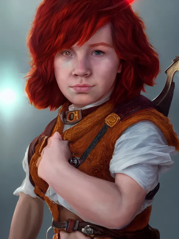 Prompt: portrait art of red - haired halfling bard 1 9 year old, 8 k ultra realistic, lens flare, atmosphere, glow, detailed, intricate, full of colour, cinematic lighting, trending on artstation, 4 k, hyperrealistic, focused, extreme details, unreal engine 5, cinematic, masterpiece
