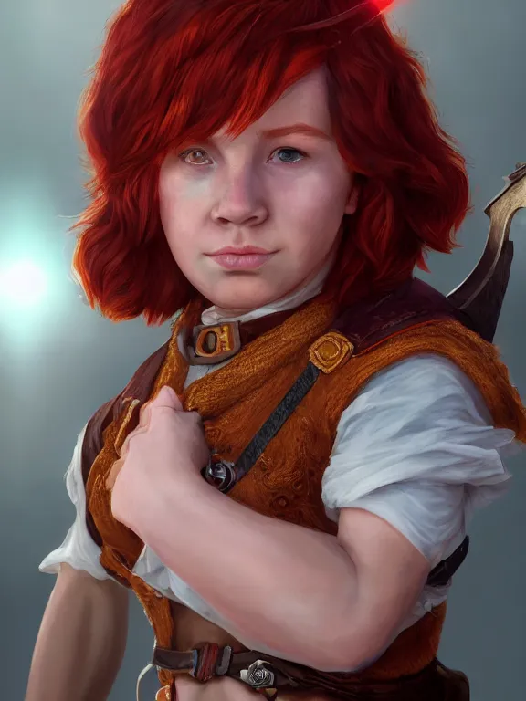 Image similar to portrait art of red - haired halfling bard 1 9 year old, 8 k ultra realistic, lens flare, atmosphere, glow, detailed, intricate, full of colour, cinematic lighting, trending on artstation, 4 k, hyperrealistic, focused, extreme details, unreal engine 5, cinematic, masterpiece