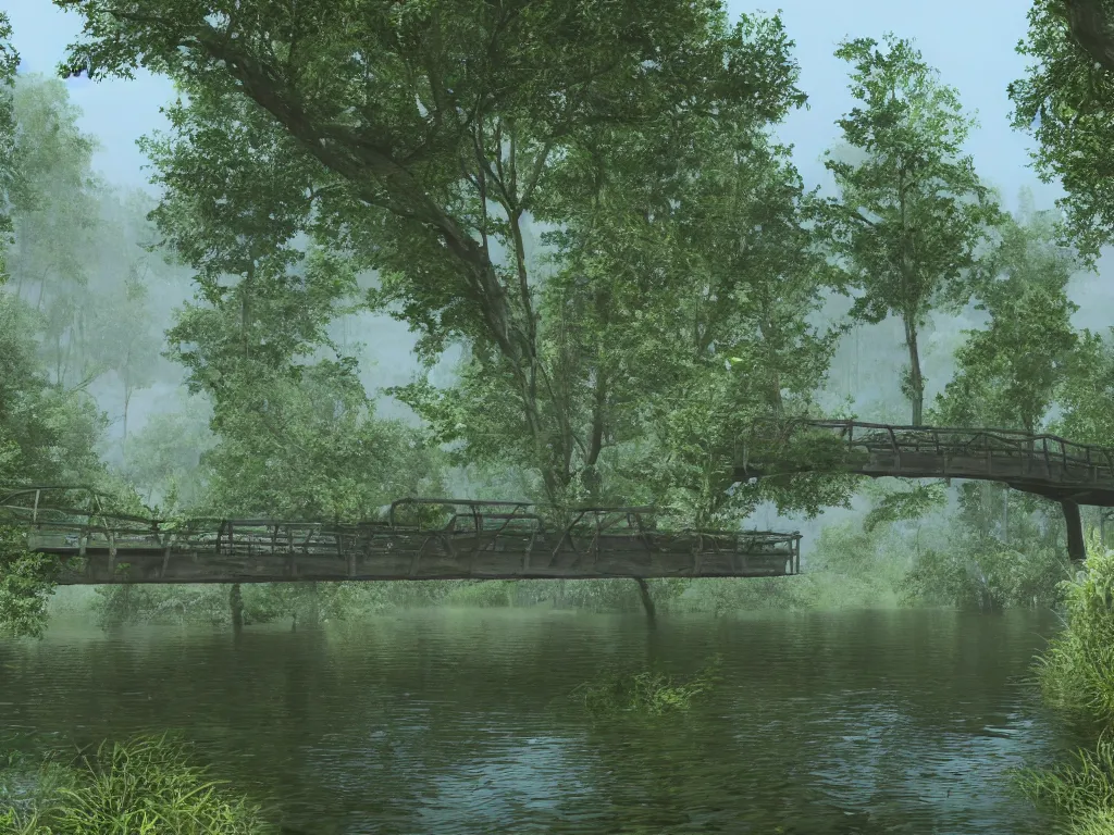 Prompt: a bridge over a body of water next to a forest, a screenshot by the mazeking, polycount, photorealism, xbox 3 6 0 graphics, hd mod, prerendered graphics