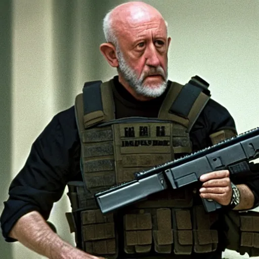 Prompt: Film Still of Mike Ehrmantraut carrying a sniper rifle and wearing a bulletproof vest, 4k, highly detailed, centered