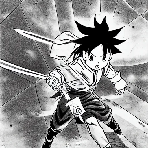 Prompt: young swordsman, illustrated by mato and ken sugimori and akira toriyama, manga, black and white illustration