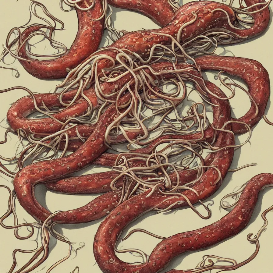 Image similar to a beautiful ultra detailed anatomical illustration of a giant squid holding many burgers, tentacles wrapped around burgers, artstation, 8 k