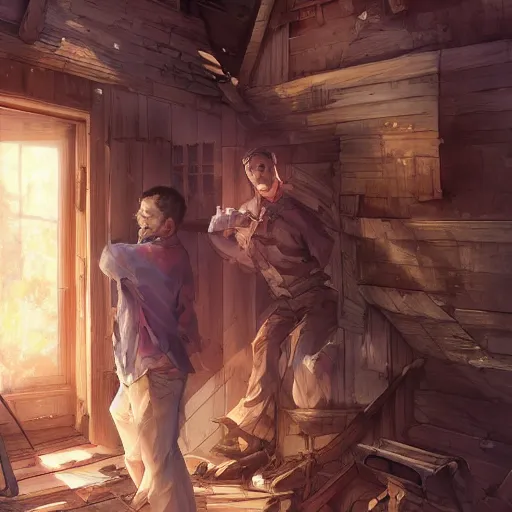 Image similar to two husbands leave each other inside a big wooden broken house by Stanley Artgerm Lau, WLOP, Rossdraws, James Jean, Andrei Riabovitchev, Marc Simonetti, Yoshitaka Amano, ArtStation, CGSociety, highly detaild 4K