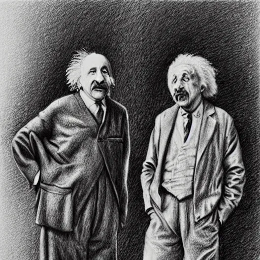 Image similar to Einstein and Newton speaks each other on a topic, pencil drawing, ultra detailed