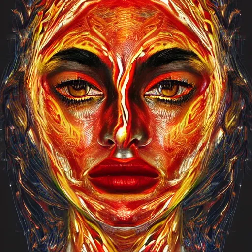 Image similar to artistic drawing of beautiful female face, made entirely from painted flames, made entirely from painted flames, made entirely from painted flames, made entirely from painted flames, made entirely from painted flames, trending on Artstation