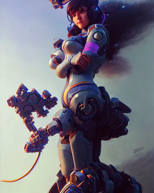 Image similar to d. va from overwatch, character portrait, concept art, intricate details, highly detailed by greg rutkowski, michael whelan and gustave dore