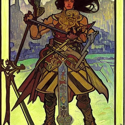 Prompt: painting of elf paladin with long dark hair fighting group of goblins with his sword, wearing armor, modest, lots of goblins, goblins everywhere, art by alphonse mucha, vincent van gogh, egon schiele,