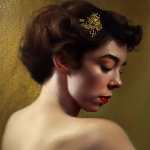 Image similar to vanessa kirby as dark - haired 1 9 5 0 s goddess, a beautiful closeup oil painting, she has tears running down her face, wet lips, perfect eyes, insanely detailed, elegant, by wlop, rutkowski, livia prima, mucha,