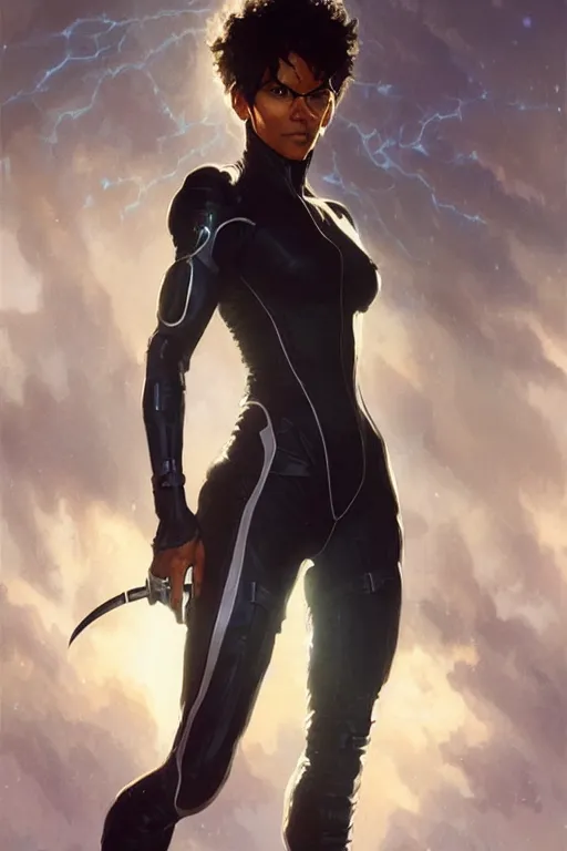 Image similar to halle berry storm as aeon flux profile picture by Greg Rutkowski, white hair, dynamic pose, intricate, futuristic, fantasy, lightning, elegant, by Stanley Artgerm Lau, greg rutkowski, thomas kindkade, alphonse mucha, loish, norman Rockwell,