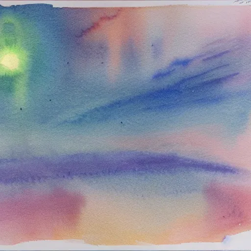 Prompt: low - angel view, from 1 0 0 0 meters in the distance, vague uap interstellar vehicle on top of an ephemeral rainbow in the sky, muted watercolor. minimalist, detailed, heavy under paint, muted colors. ue 5