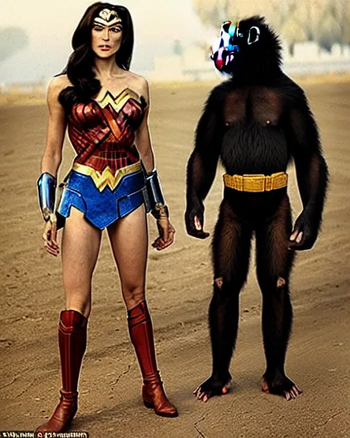 Image similar to a Chimpanzee dressed as Wonder Woman stands next to Clint Eastwood photographed in the style of Annie Leibovitz, photorealistic