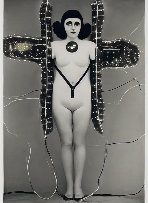 Prompt: Portrait of a fractal cosmonaut girl wearing kimono made of circuits and leds, surreal photography by Man Ray