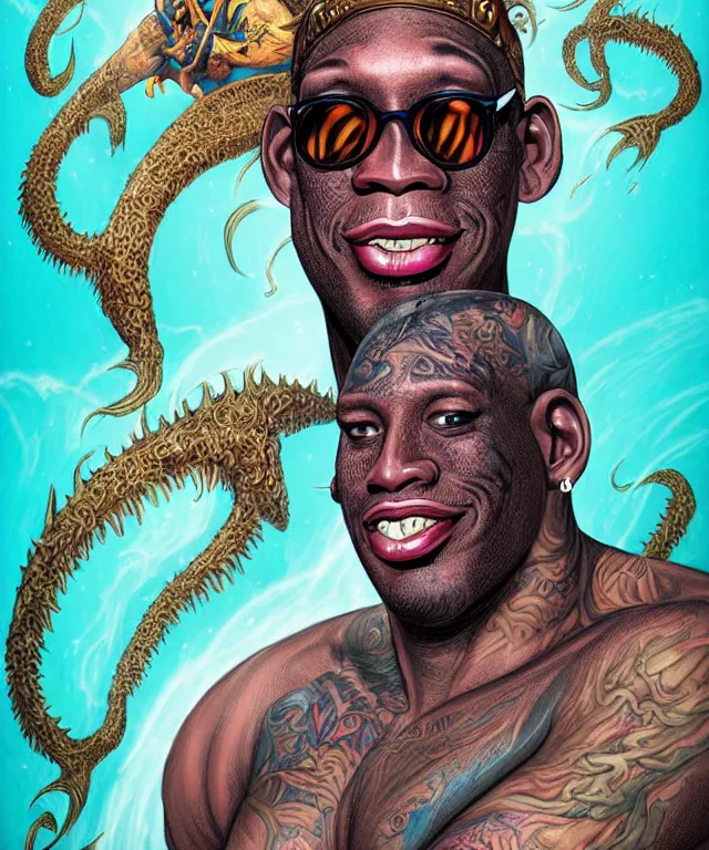 Image similar to fantasy comic style portrait of dennis rodman as a sea monster, digital illustration by ken taylor and sana takeda, hd, 4 k, intricate, highly detailed!!, character design, cover art, award winning