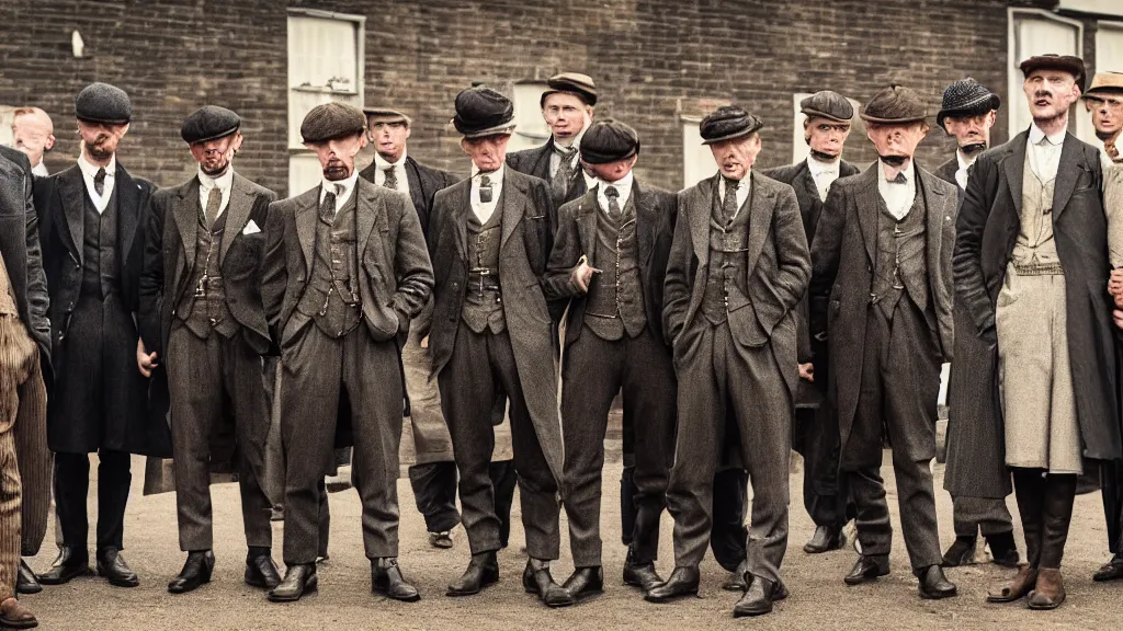 Prompt: a group of human peanuts dressed like the peaky blinders