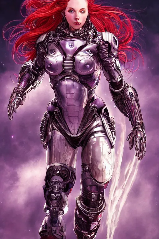 Image similar to pale woman with red hair in sci - fi armor with purple accents, bionic armor, stoic, powerful, by artgerm and yoshitaka amano and moebius and alphonse mucha, hyperdetailed, dc comics, ornate, nebula, explosions in the sky, trending on artstation