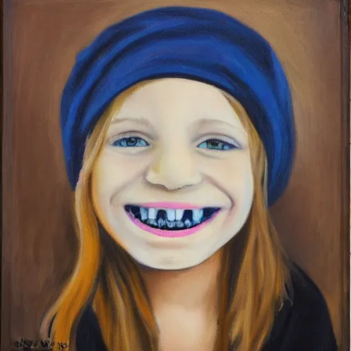 Prompt: painting of a emo girl with a eerily large smile, showing teeth, beanie, impressionist style