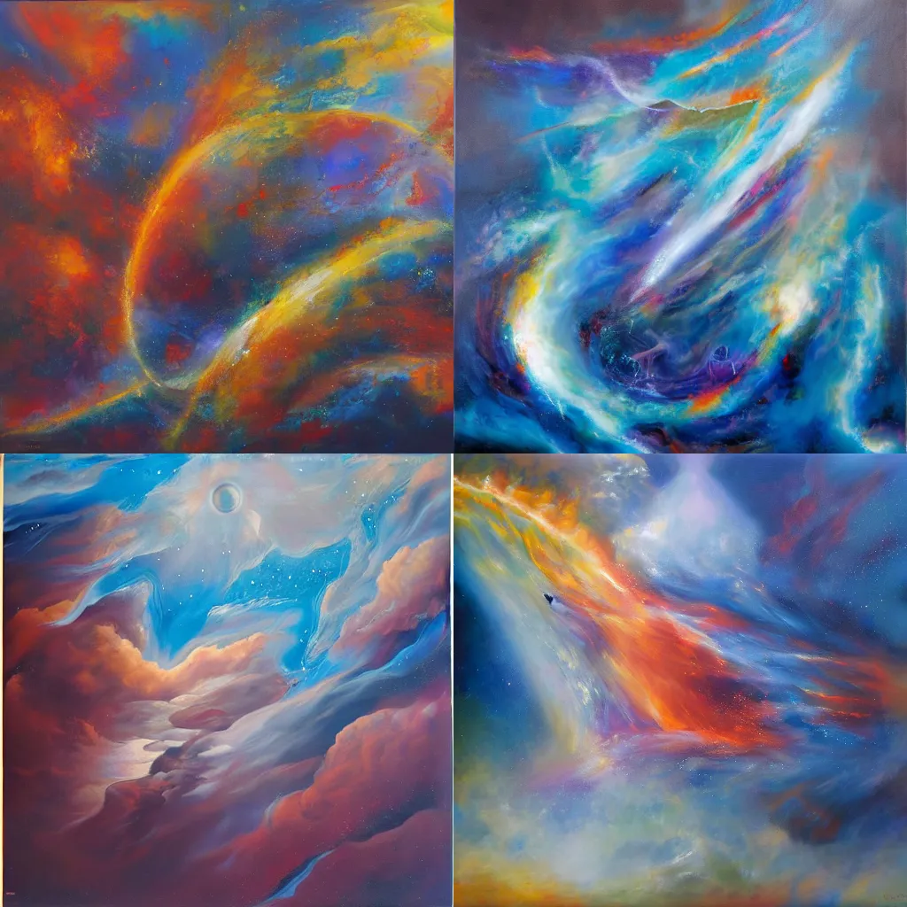 Prompt: Astral winds, cosmic flow by Wojciech Siudmak, oil on canvas