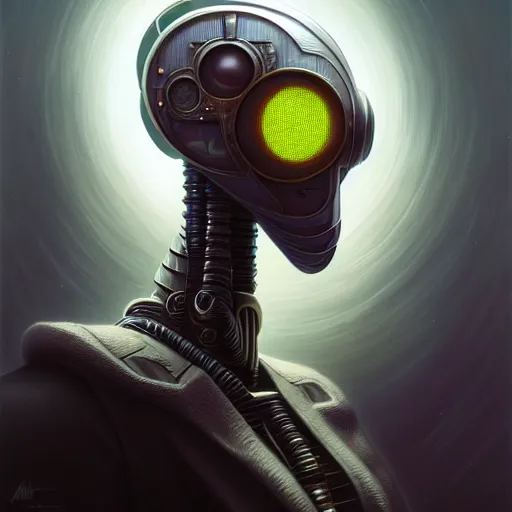 Image similar to low angle portrait shot of a cyberpunk gazmask robot character, intricate, elegant, highly detailed, centered, digital painting, artstation, concept art, smooth, sharp focus, illustration, artgerm, Tomasz Alen Kopera, Peter Mohrbacher, donato giancola, Joseph Christian Leyendecker, WLOP, Boris Vallejo