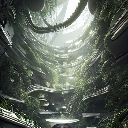 Image similar to epic alien jungle by greg rutkowski inside a giant laboratory by zaha hadid