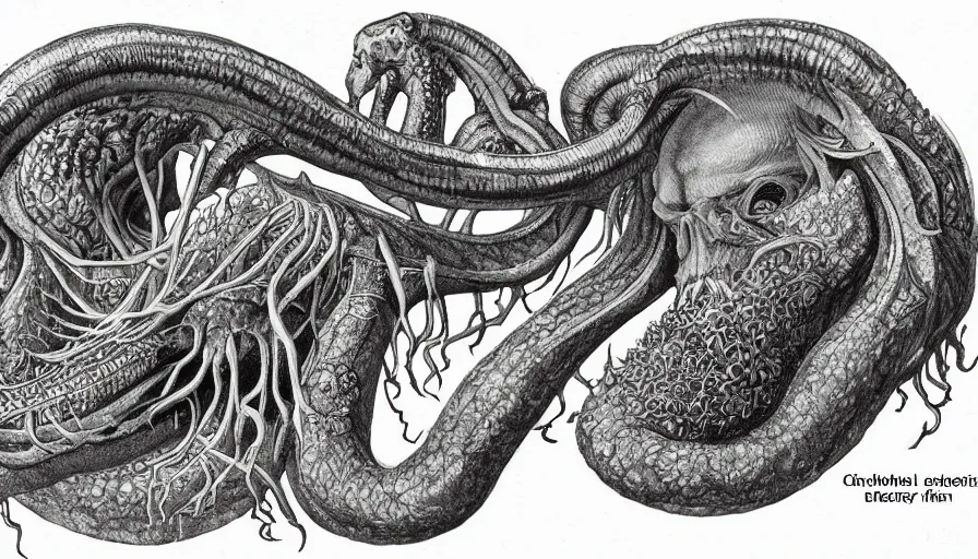 Image similar to cthulhu cross section scientific illustration biology book, highly detailed