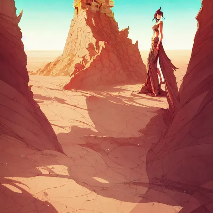 Prompt: style artgerm, joshua middleton, conrad roset, a giant brown stone castle in the desert, very long spires, sand swirling, detailed, ocean background setting, volumetric lighting