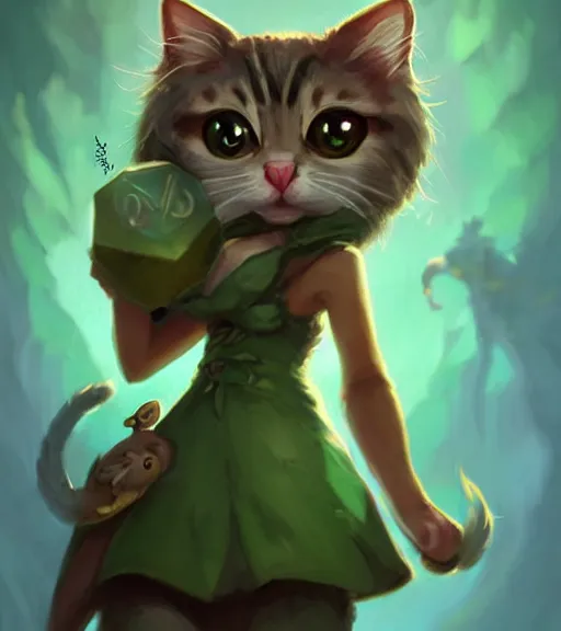 Image similar to cute little anthropomorphic Cat with big green eyes in summer dress, tiny, small, short, outfit, cute and adorable, pretty, beautiful, DnD character art portrait, matte fantasy painting, DeviantArt Artstation, by Jason Felix by Steve Argyle by Tyler Jacobson by Peter Mohrbacher, cinematic lighting
