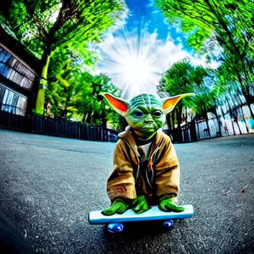 Image similar to Yoda skateboarding towards the camera, photograph, fisheye lens