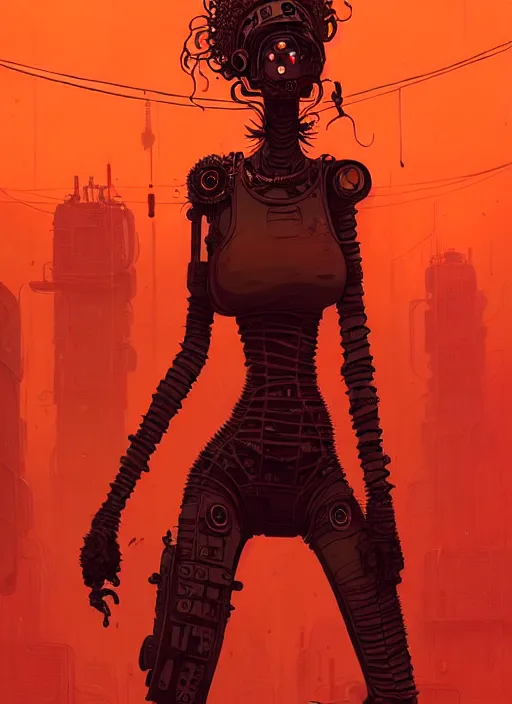 Prompt: highly detailed portrait of wasteland punk long curly fire hair tribal lady, stray wiring by atey ghailan, james gilleard, by joe fenton, by greg rutkowski, by greg tocchini, by kaethe butcher, 4 k resolution, gradient red, orange, black and white color scheme!!! ( ( burning flaming robotic dystopian city background ) )