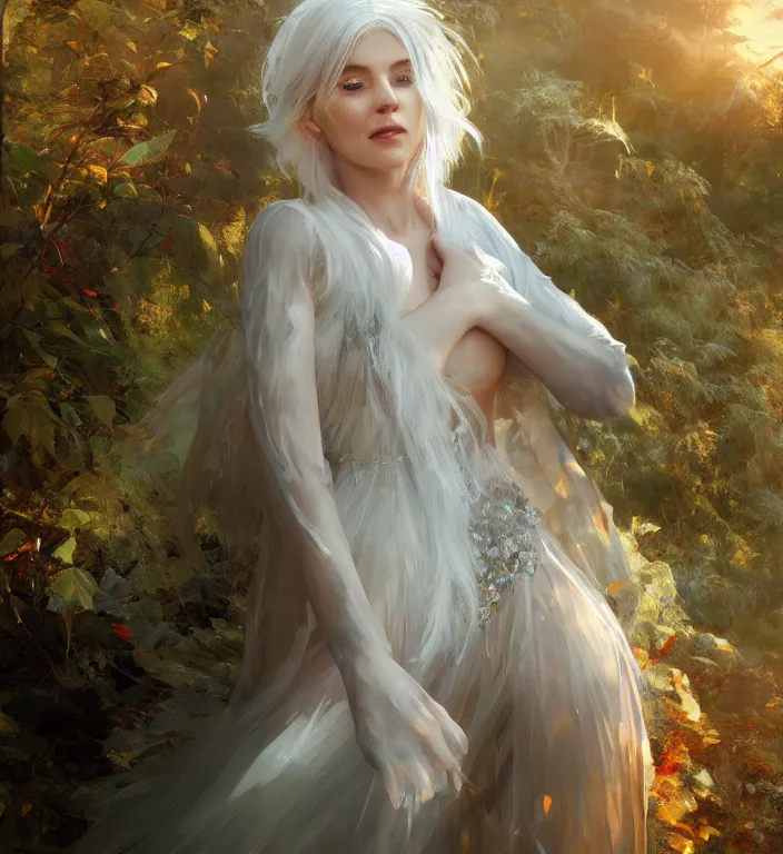 Image similar to portrait of a white haired woman wearing a crystal dress, autumn leaves falling, dramatic volumetric lighting, god rays, global illumination, soft, sharp focus, sci-fi, ivy, moss, trending on artstation, intricate concept art by Greg Rutkowski and artgerm and Ruan Jia and Alphonse Mucha