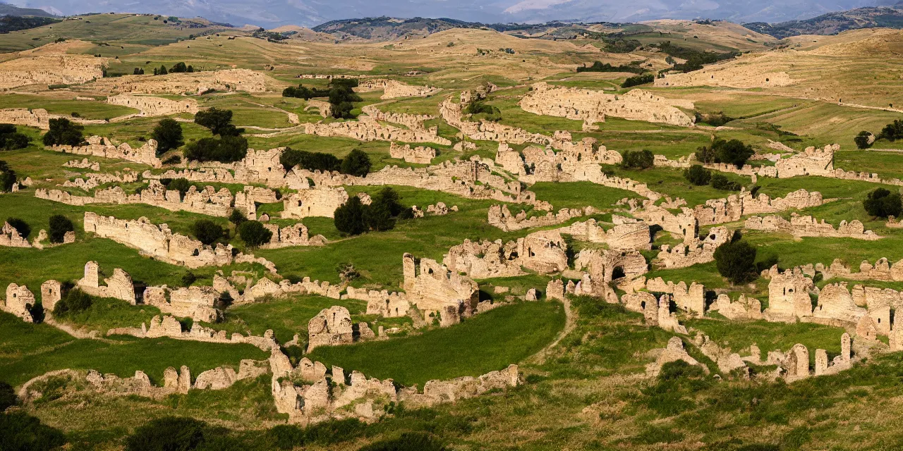 Prompt: Landscape photography, wide shot of epic Italian landscape near river Aufidus, distant battle of Cannae 216 BCE, with republic-era Roman soldiers in formations, Carthaginian phalanxes in formations