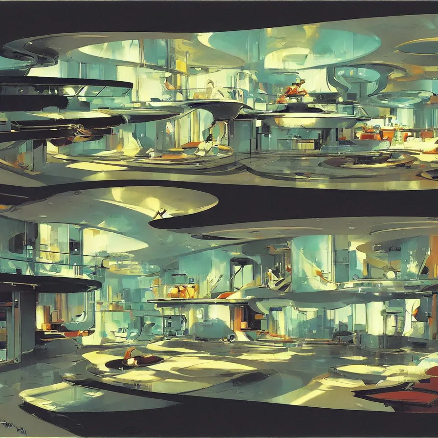 Image similar to concept art of jetsons cartoon indoor scenario of a futuristic house, painted by john berkey