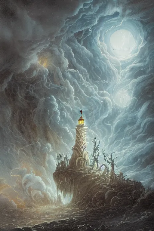 Prompt: dream Detailed Exterior Shot of Stormy Nightmare Horror Film Evil Stormy Lighthouse of Alexandria, light of hell, moonlight shafts, flock of birds, atmosphere, in Style of Peter Mohrbacher, cinematic lighting