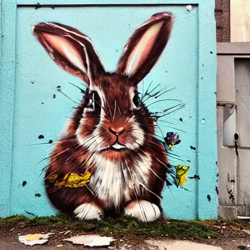 Image similar to street art of a bunny, bordalo ii artstyle, messy