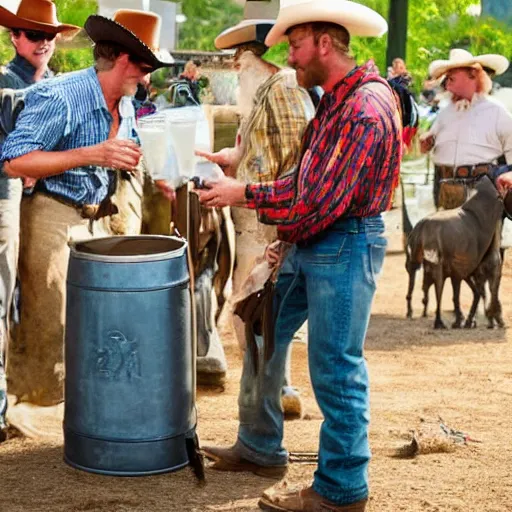 Prompt: A cowboy drinking straight from the beer keg, block party, wild west