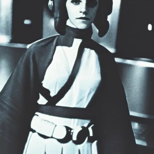 Prompt: film still of emma watson as princess leia in the 1 9 7 0 s, star wars, polaroid, photography, film, kodak