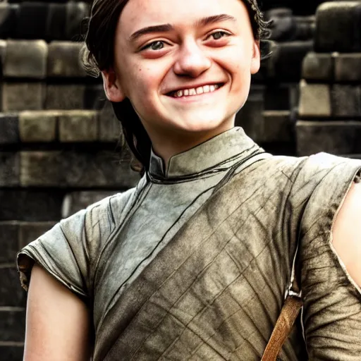 Image similar to elegant smiling happy arya stark, 1 4 years old, photograph 3 5 mm, shot from game of thrones, at borobudur, artstation