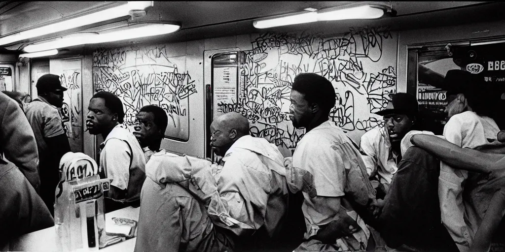 Image similar to new york subway cabin 1 9 8 0 s inside all in graffiti, black guy threatens another black guy with a gun, coloured film photography, christopher morris photography, bruce davidson photography