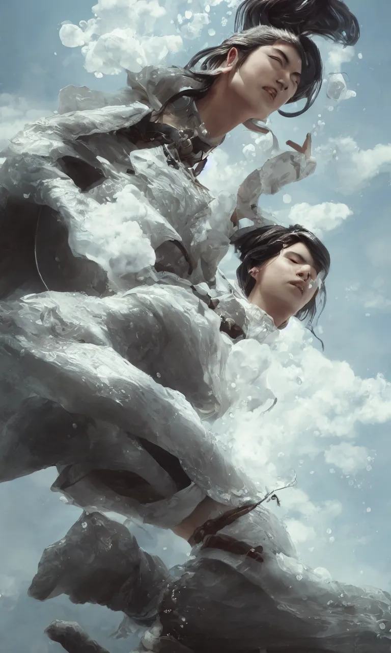 Image similar to a white dressed samurai, diving in the air rounded by jelly clouds made by Stanley Artgerm Lau, WLOP, Rossdraws, ArtStation, CGSociety, concept art, cgsociety, octane render, trending on artstation, artstationHD, artstationHQ, unreal engine, 4k, 8k