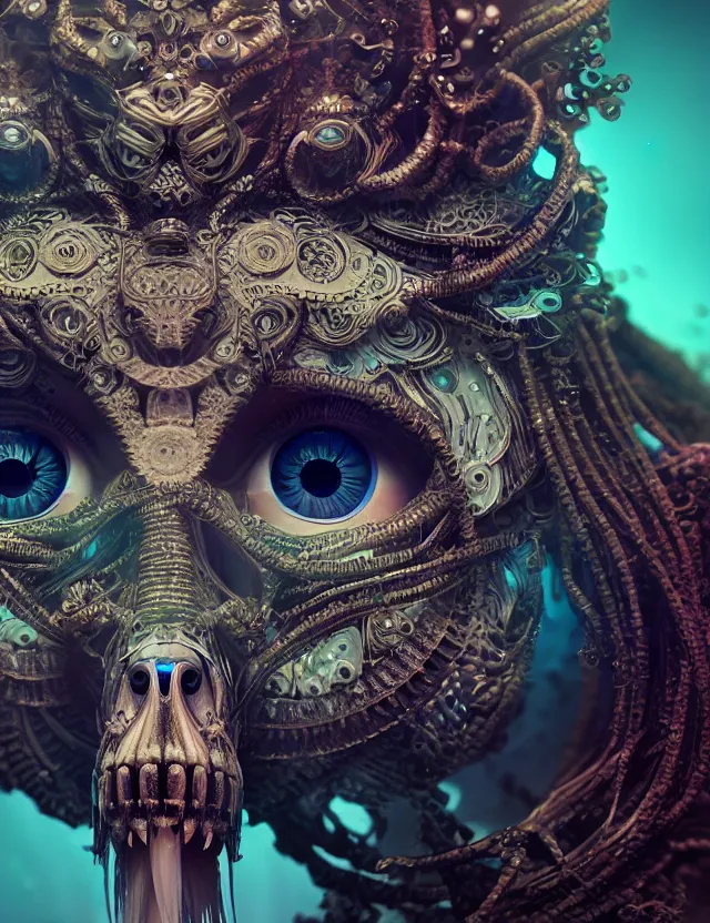 Image similar to eye of goddess macro close - up portrait with mask made of ram phoenix skull. betta fish, jellyfish, plasma, water, wind, creature, super intricate ornaments artwork by tooth wu and wlop and beeple and greg rutkowski