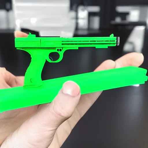 Image similar to a 3 d printed rail gun prototype, printed in green filament that is slightly transparent, with visible layer lines and printing errors. 4 k, hdr, photo taken on an iphone 1 2.