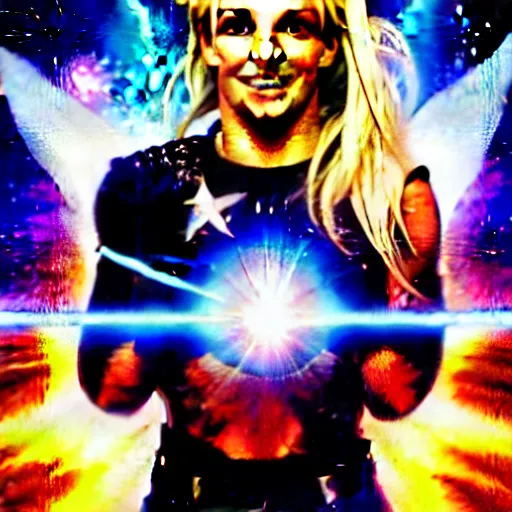 Image similar to of a great movie poster of britney spears as a hero sci fi space cosmonaut holding a raygun in a nice action pose, there is an explosion on the background of a space station shaking britney's hair and lighting her with a rim light, she is laughing, opps i did it again, f 2. 8, advertising lighting,