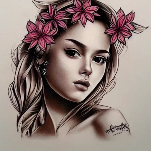 Image similar to tattoo design, stencil, traditional, beautiful portrait of a girl with flowers in her hair by artgerm, artgerm, digital art