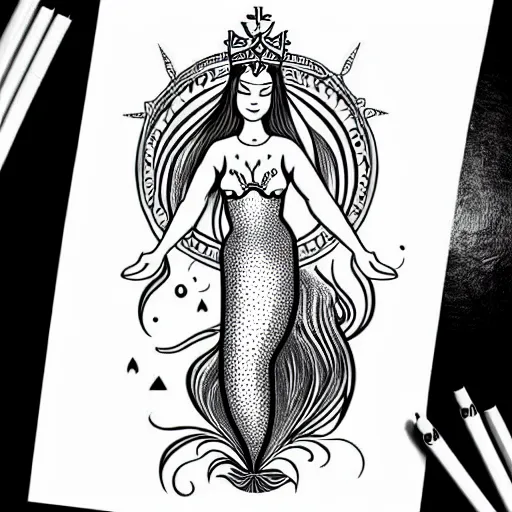 Image similar to a peaceful meditative mermaid wearing a crown, banner across chest, full body, symmetrical, highly detailed black and white new school pinup tattoo design