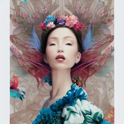 Prompt: 3 / 4 view of a beautiful girl wearing an origami dress, eye - level medium shot, fine floral ornaments in cloth and hair, hummingbirds, elegant, by eiko ishioka, givenchy, tsuguharu foujita, by peter mohrbacher, centered, fresh colors, origami, fashion, detailed illustration, vogue, japanese, reallusion character creator