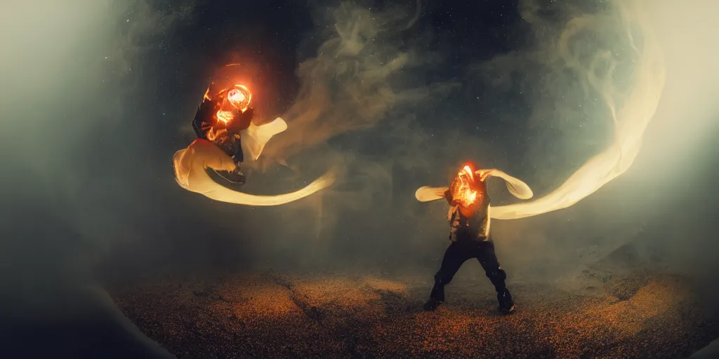 Image similar to music video fisheye slow motion with trail fire and smoke effect of futuristic break dancer wearing long dark cloak and golden helmet emitting fire and crystals, long exposure shot , enigmatic, at night on the moon, paddle of water, steam, fog, water splashes, rim lights, glossy reflections, water droplets on lens, octane render, Volumetric dynamic lighting, stunning cover magazine, high details, hajime sorayama