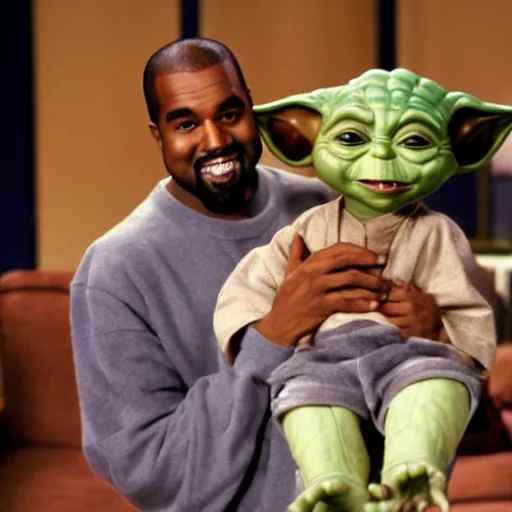 Image similar to kanye west smiling and holding yoda yoda for a 1 9 9 0 s sitcom tv show, studio photograph, portrait