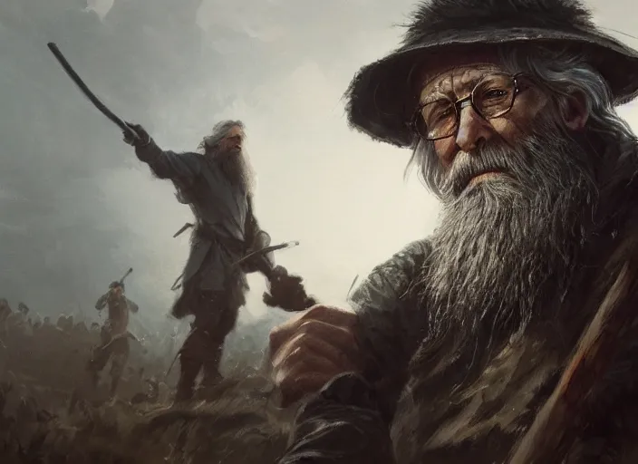 Image similar to close up cinematic artwork of a random old man with a long beard, holding a staff, staring down the enemy on the battlefield by Greg Rutkowski, 4k, masterpiece