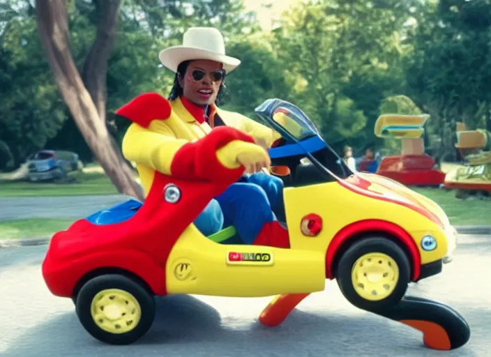 Image similar to michael jackson driving a little tikes cozy coupe, movie still, from the new jumanji movie, 8 k, realistic